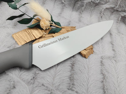 Personalisiertes Messerset 4-teilig grau mit Gravur | Kochmesser Santoku Küchenmesser Gemüsemesser | Edelstahl | Einzug & Hochzeit