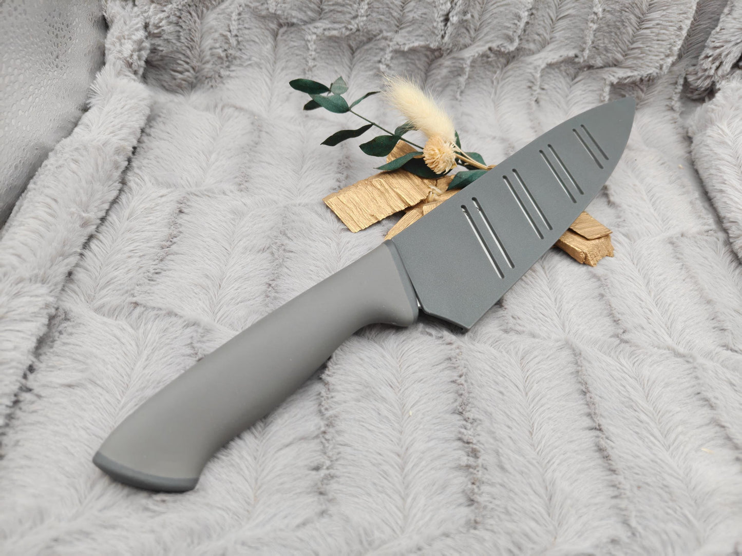 Personalisiertes Messerset 4-teilig grau mit Gravur | Kochmesser Santoku Küchenmesser Gemüsemesser | Edelstahl | Einzug & Hochzeit