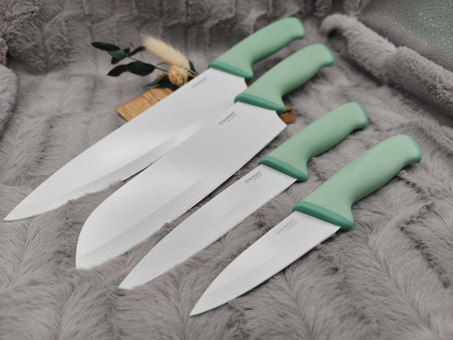 Personalisiertes Messerset 4-teilig Mintgrün mit Gravur | Kochmesser Santoku Küchenmesser Gemüsemesser | Edelstahl | Einzug & Hochzeit