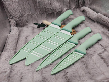 Personalisiertes Messerset 4-teilig Mintgrün mit Gravur | Kochmesser Santoku Küchenmesser Gemüsemesser | Edelstahl | Einzug & Hochzeit