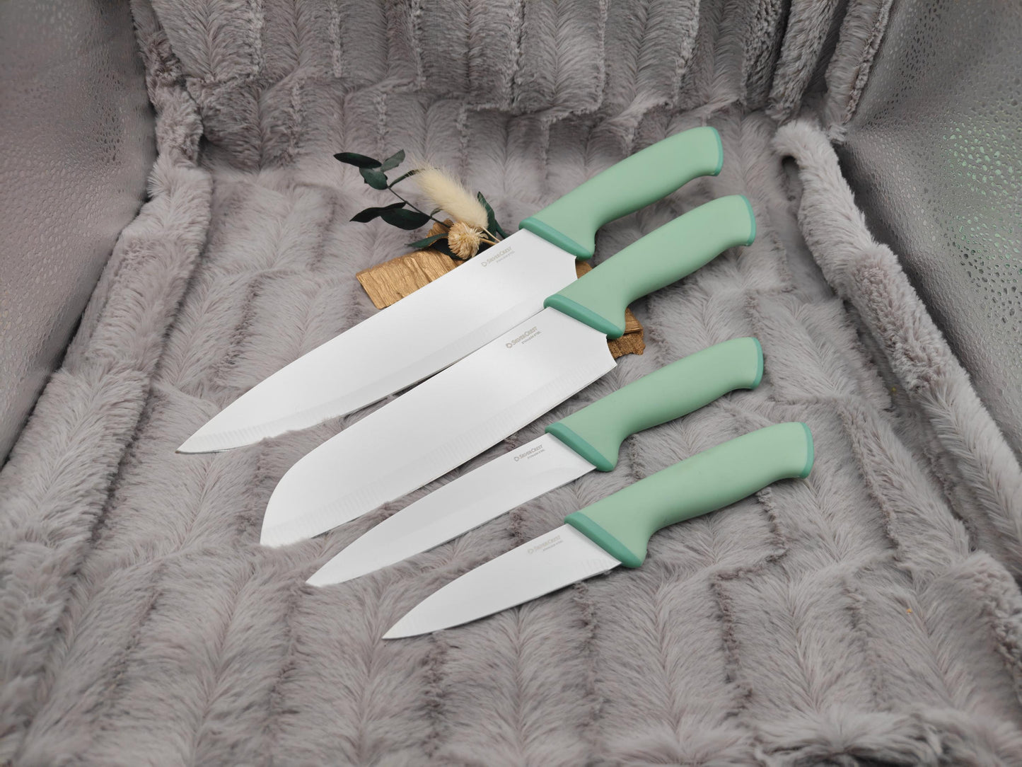 Personalisiertes Messerset 4-teilig Mintgrün mit Gravur | Kochmesser Santoku Küchenmesser Gemüsemesser | Edelstahl | Einzug & Hochzeit