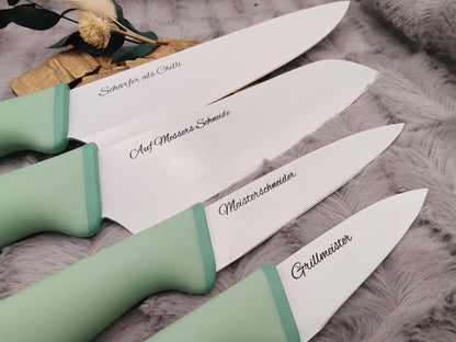 Personalisiertes Messerset 4-teilig Mintgrün mit Gravur | Kochmesser Santoku Küchenmesser Gemüsemesser | Edelstahl | Einzug & Hochzeit