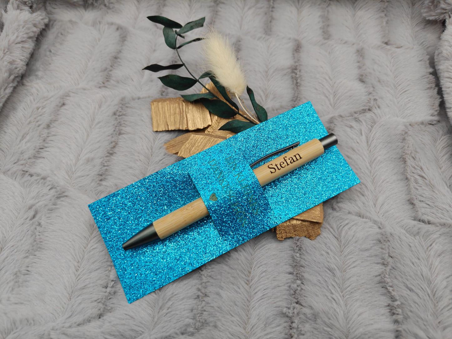 Kugelschreiber personalisiert Kleines Dankeschön 5 Glitzerfarben Glamour Geschenk Bambus individueller Gravur