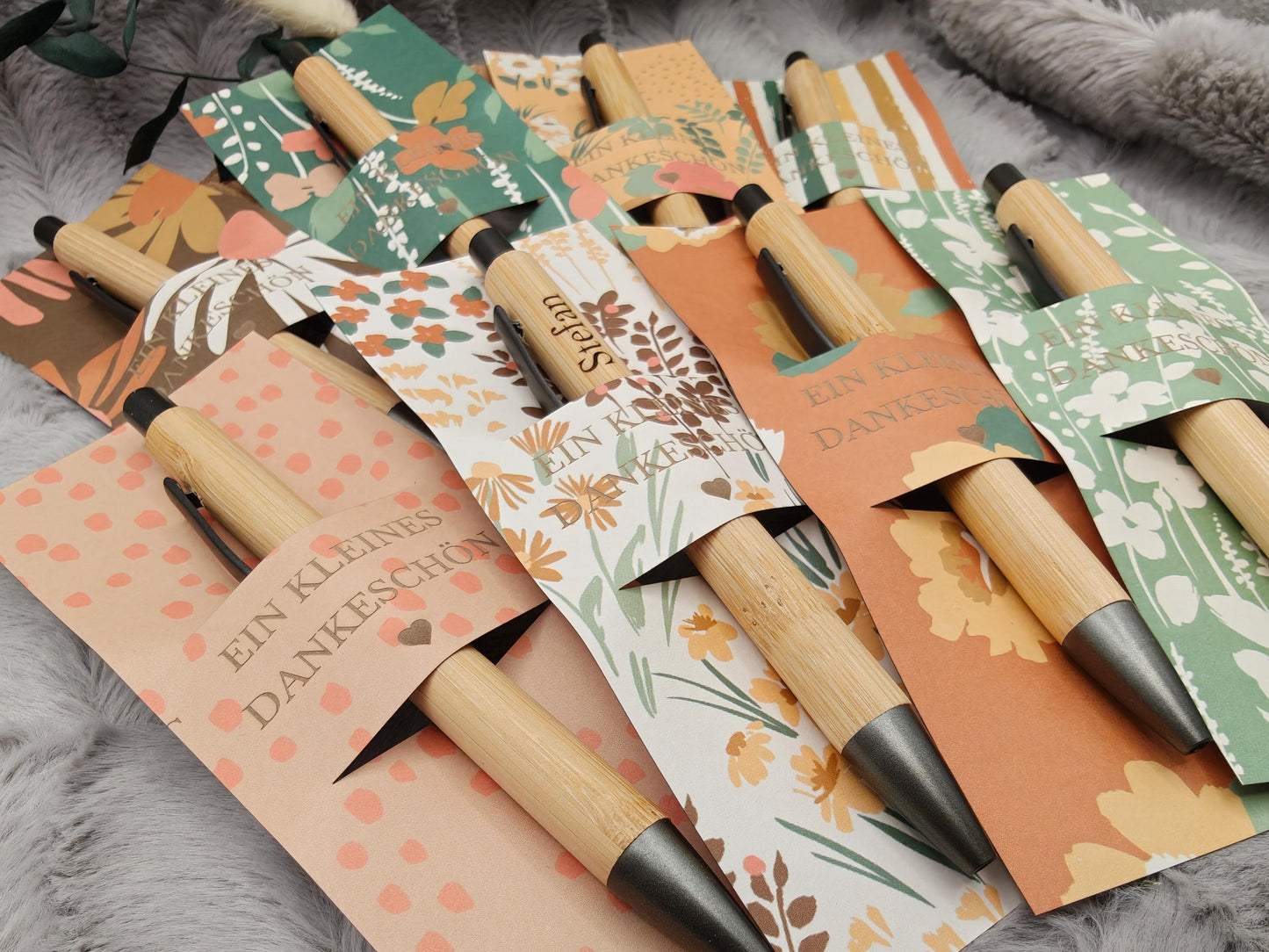 Kugelschreiber personalisiert Kleines Dankeschön 8 florale Muster Geschenk Bambus individueller Gravur