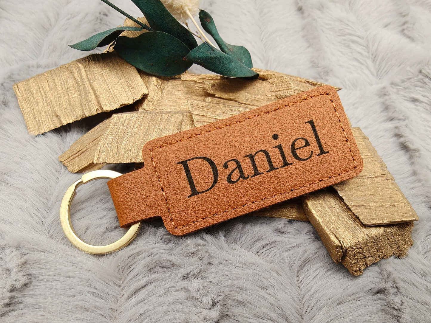 Personalisierter Kunstleder-Schlüsselanhänger schmal mit Gravur | Wunschtext | Edles Gastgeschenk Hochzeit | Individueller Schlüsselbund
