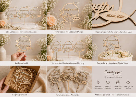 Caketopper Konfirmation, Kommunion oder Firmung personalisiert aus Holz  mit Namen Cake Topper