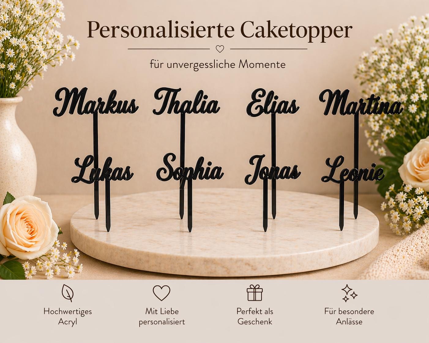 Caketopper Acryl personalisiert mit Namen für Cupcakes Muffins Minitörtchen Cake Topper konturgeschnitten