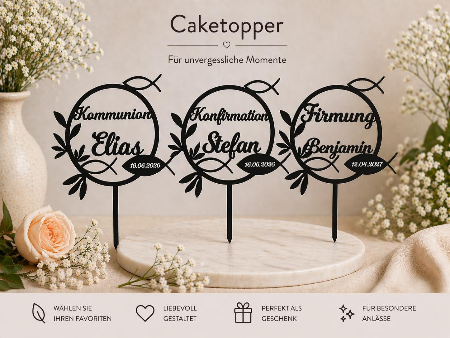 Cake Topper Kommunion Konfirmation Firmung personalisiert mit Name | Tortendeko | Acryl | Fisch |  Geschenk | Tortenstecker