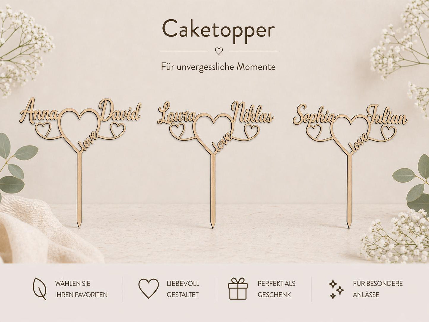 Cake Topper personalisiert Hochzeit aus Holz | Tortenstecker mit 2 Namen & Herzen | Wedding Cake Topper Birkensperrholz | Boho Tortendeko