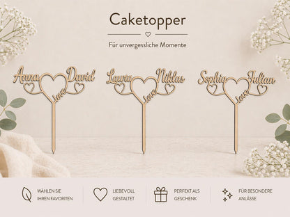 Cake Topper personalisiert Hochzeit aus Holz | Tortenstecker mit 2 Namen & Herzen | Wedding Cake Topper Birkensperrholz | Boho Tortendeko