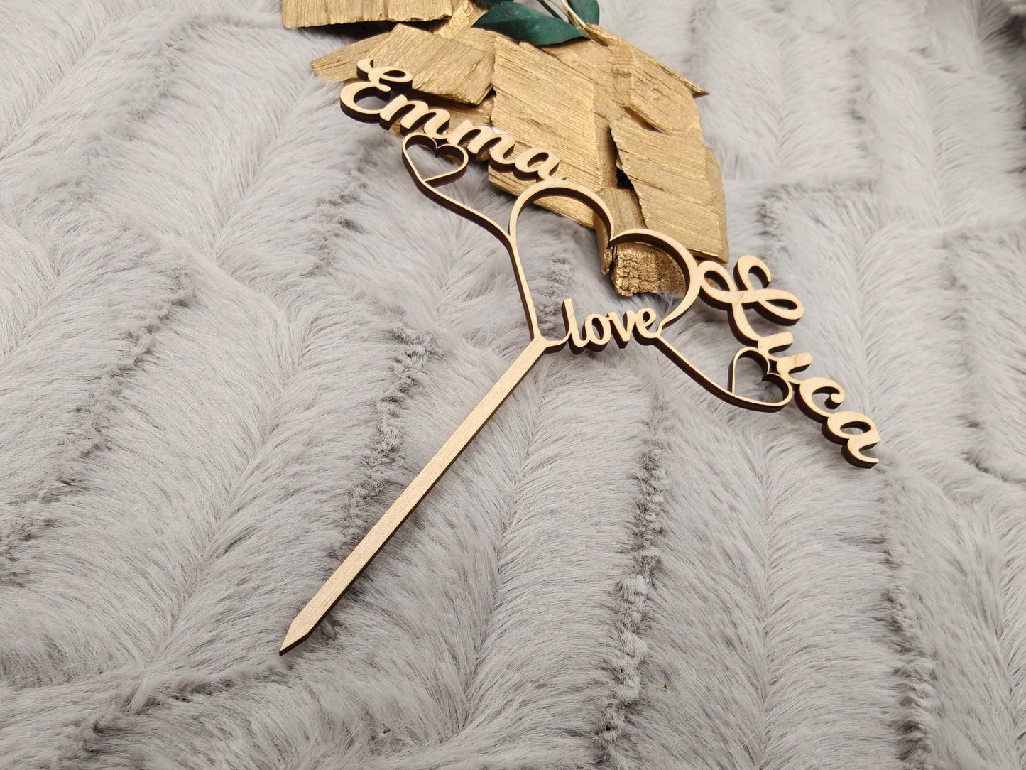 Cake Topper personalisiert Hochzeit aus Holz | Tortenstecker mit 2 Namen & Herzen | Wedding Cake Topper Birkensperrholz | Boho Tortendeko