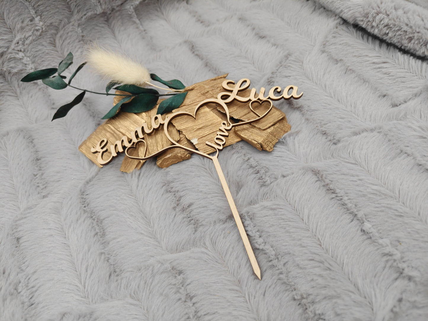 Cake Topper personalisiert Hochzeit aus Holz | Tortenstecker mit 2 Namen & Herzen | Wedding Cake Topper Birkensperrholz | Boho Tortendeko