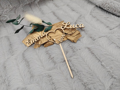 Cake Topper personalisiert Hochzeit aus Holz | Tortenstecker mit 2 Namen & Herzen | Wedding Cake Topper Birkensperrholz | Boho Tortendeko