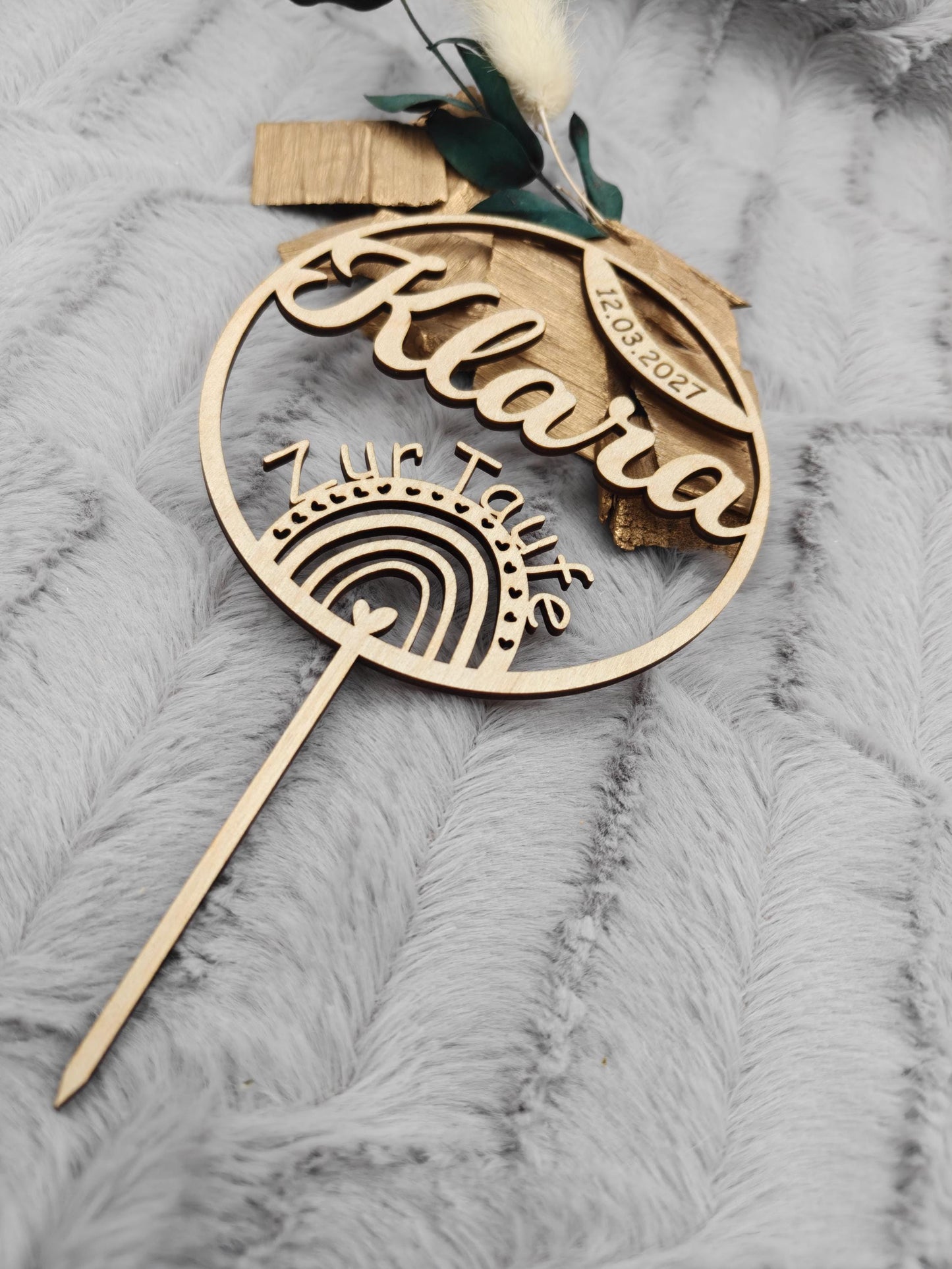Personalisierter Cake Topper Taufe aus Holz | Tortenstecker Name im Kreis mit Datum | Taufdeko Junge Mädchen | Erinnerung Taufgeschenk