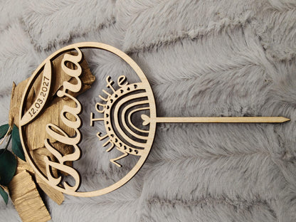 Personalisierter Cake Topper Taufe aus Holz | Tortenstecker Name im Kreis mit Datum | Taufdeko Junge Mädchen | Erinnerung Taufgeschenk