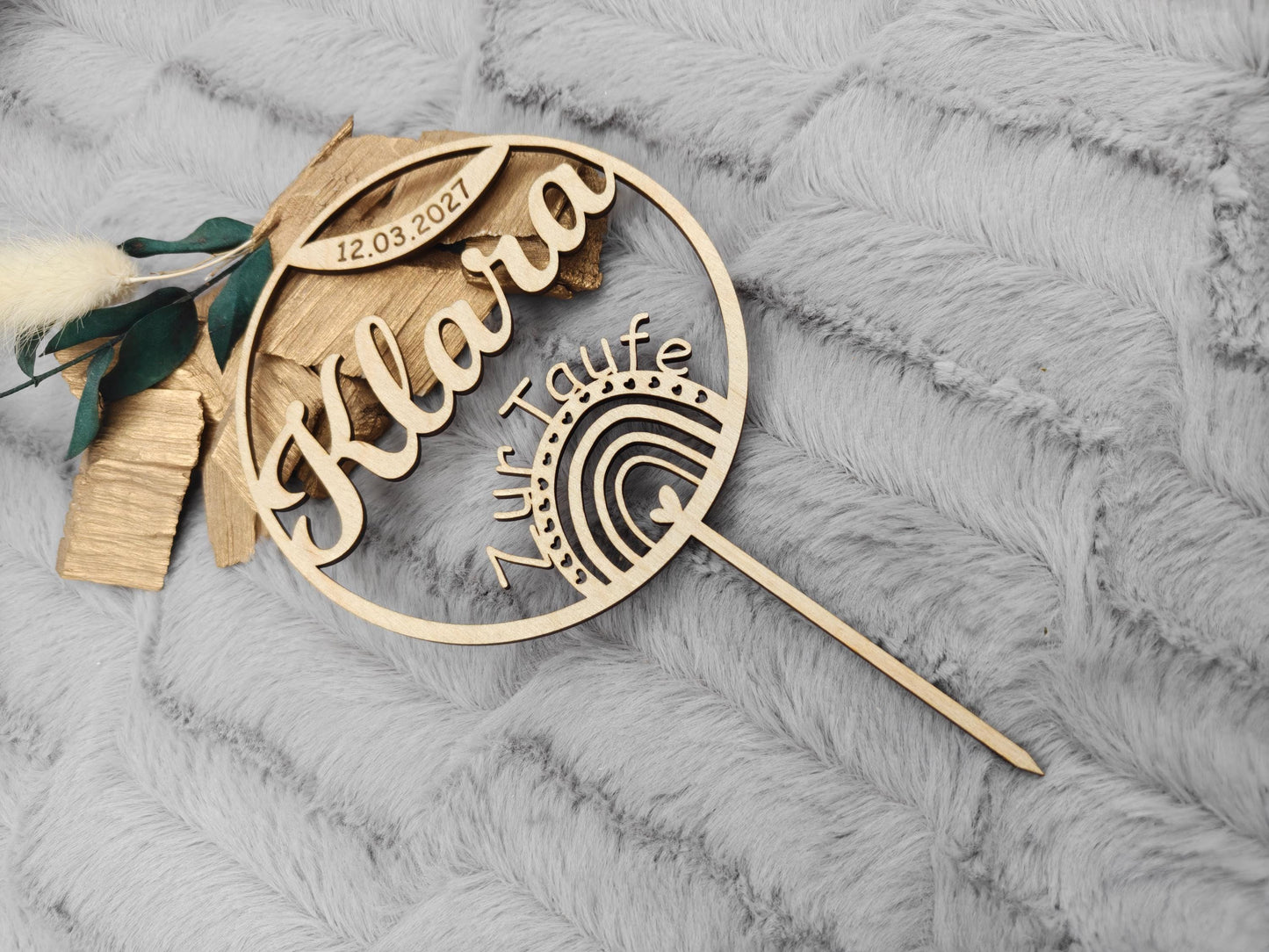 Personalisierter Cake Topper Taufe aus Holz | Tortenstecker Name im Kreis mit Datum | Taufdeko Junge Mädchen | Erinnerung Taufgeschenk