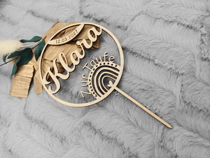 Personalisierter Cake Topper Taufe aus Holz | Tortenstecker Name im Kreis mit Datum | Taufdeko Junge Mädchen | Erinnerung Taufgeschenk