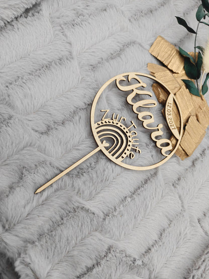 Personalisierter Cake Topper Taufe aus Holz | Tortenstecker Name im Kreis mit Datum | Taufdeko Junge Mädchen | Erinnerung Taufgeschenk
