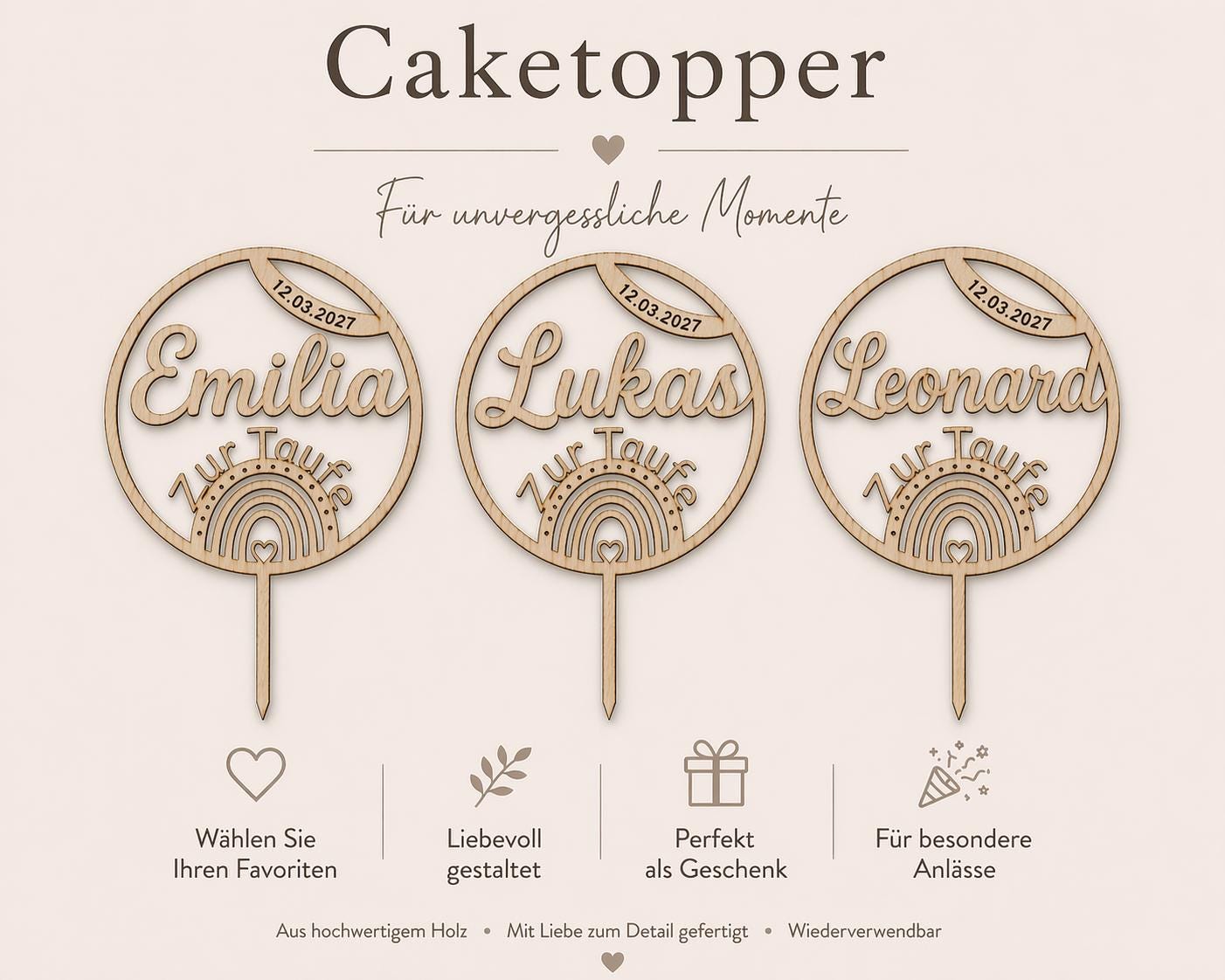 Personalisierter Cake Topper Taufe aus Holz | Tortenstecker Name im Kreis mit Datum | Taufdeko Junge Mädchen | Erinnerung Taufgeschenk