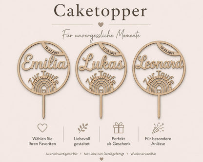 Personalisierter Cake Topper Taufe aus Holz | Tortenstecker Name im Kreis mit Datum | Taufdeko Junge Mädchen | Erinnerung Taufgeschenk
