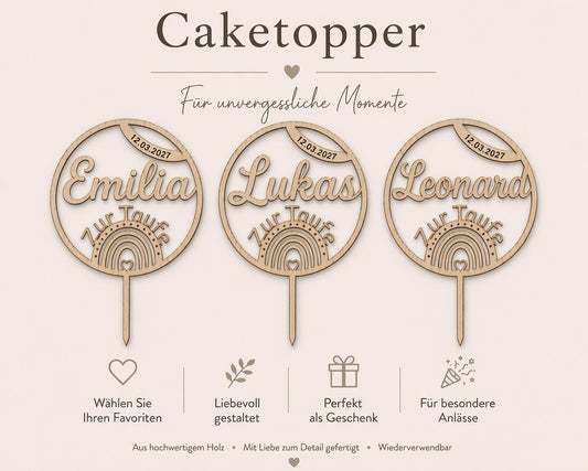 Personalisierter Cake Topper Taufe aus Holz | Tortenstecker Name im Kreis mit Datum | Taufdeko Junge Mädchen | Erinnerung Taufgeschenk