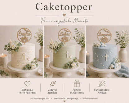 Personalisierter Cake Topper Taufe aus Holz | Tortenstecker Name im Kreis mit Datum | Taufdeko Junge Mädchen | Erinnerung Taufgeschenk