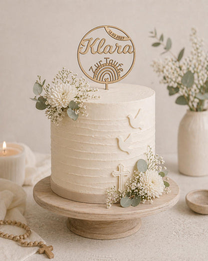Personalisierter Cake Topper Taufe aus Holz | Tortenstecker Name im Kreis mit Datum | Taufdeko Junge Mädchen | Erinnerung Taufgeschenk