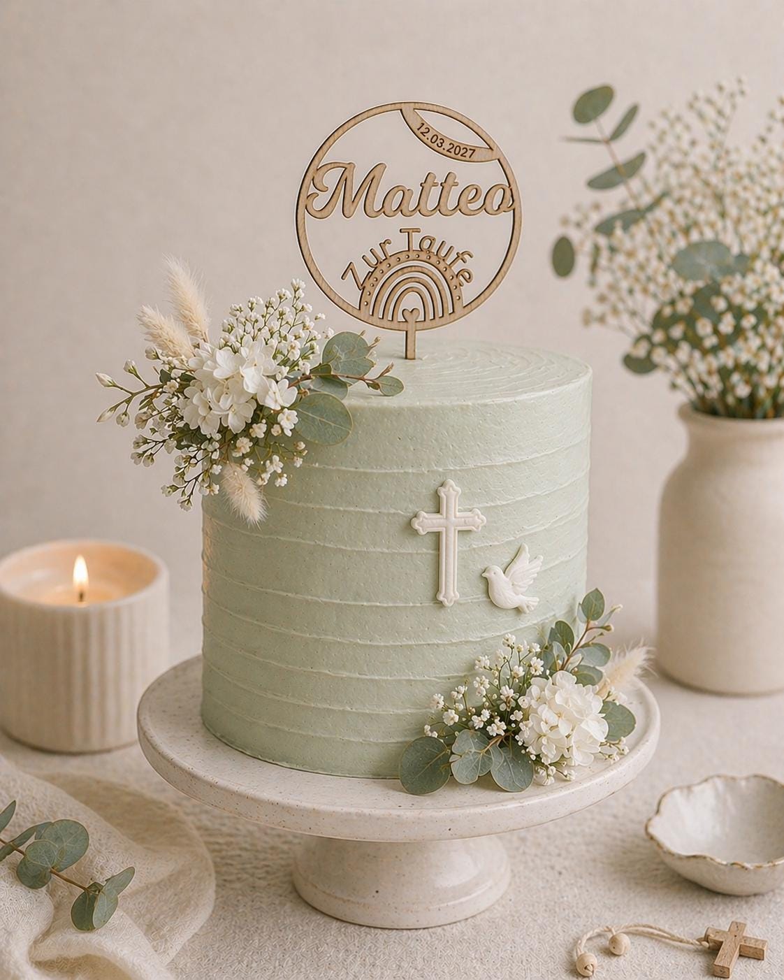 Personalisierter Cake Topper Taufe aus Holz | Tortenstecker Name im Kreis mit Datum | Taufdeko Junge Mädchen | Erinnerung Taufgeschenk