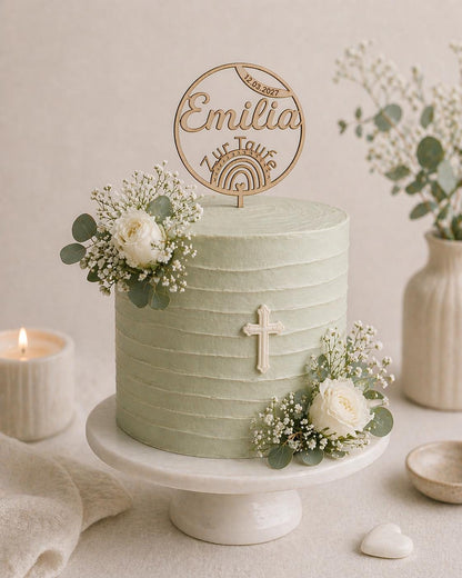Personalisierter Cake Topper Taufe aus Holz | Tortenstecker Name im Kreis mit Datum | Taufdeko Junge Mädchen | Erinnerung Taufgeschenk