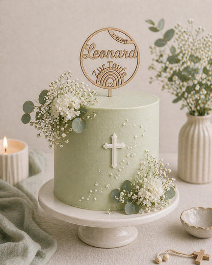 Personalisierter Cake Topper Taufe aus Holz | Tortenstecker Name im Kreis mit Datum | Taufdeko Junge Mädchen | Erinnerung Taufgeschenk