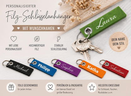Schlüsselanhänger Filz personalisiert mit Namen 13 Farben zur Auswahl Geschenk