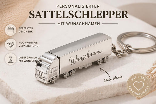 Schlüsselanhänger personalisiert LKW Sattelschlepper Truck Brummi mit Gravur 50x11x16mm Geschenk silber
