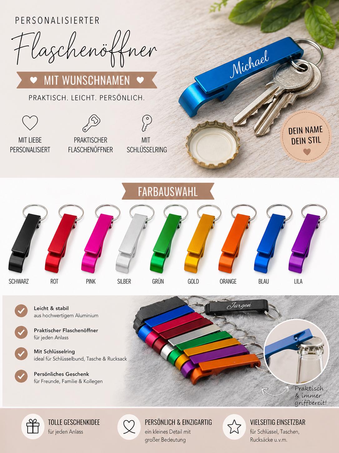 Flaschenöffner personalisiert 2 in 1 Dosenöffner als Schlüsselanhänger mit Gravur Geschenk Geschenkidee in verschiedenen Farben Aluminium