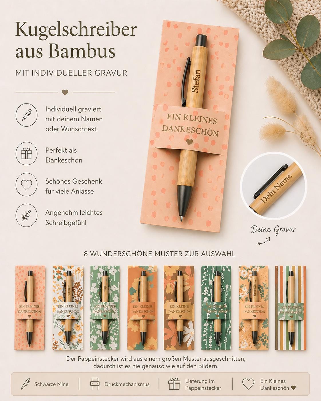Kugelschreiber personalisiert Kleines Dankeschön 8 florale Muster Geschenk Bambus individueller Gravur