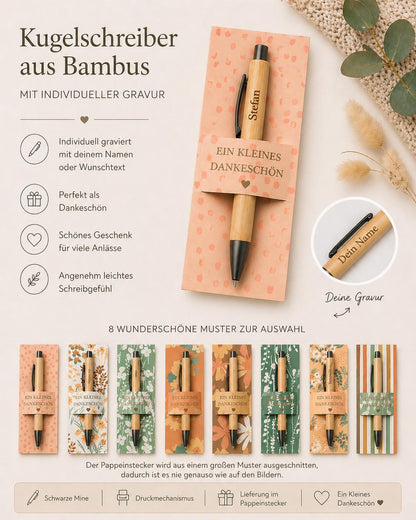 Kugelschreiber personalisiert Kleines Dankeschön 8 florale Muster Geschenk Bambus individueller Gravur