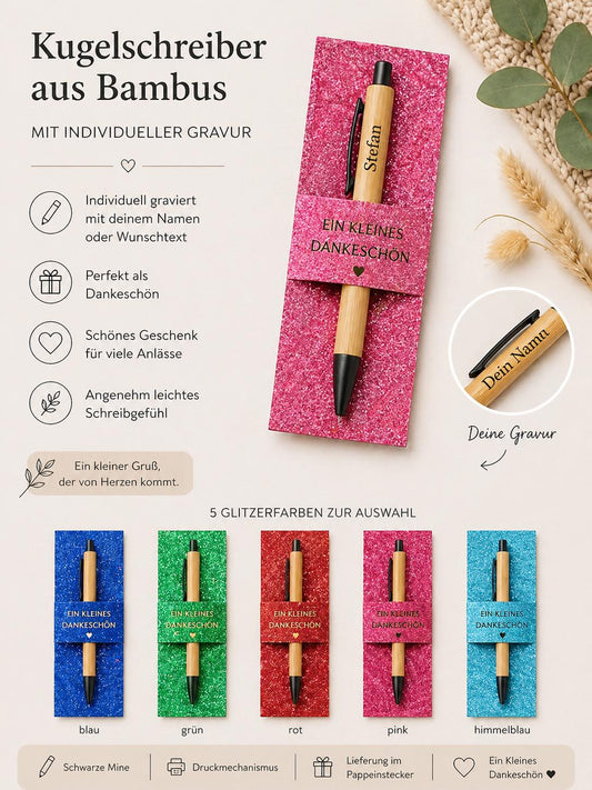 Kugelschreiber personalisiert Kleines Dankeschön 5 Glitzerfarben Glamour Geschenk Bambus individueller Gravur