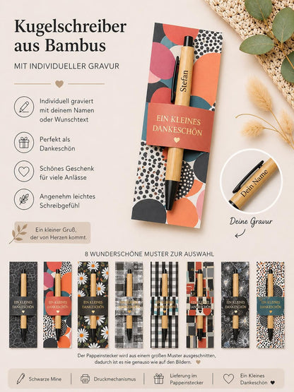 Kugelschreiber personalisiert Kleines Dankeschön 8 Muster Geschenk Bambus individueller Gravur