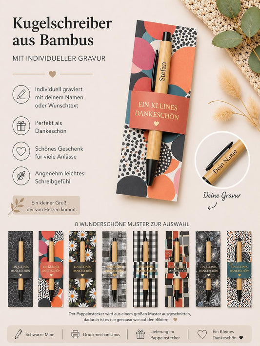Kugelschreiber personalisiert Kleines Dankeschön 8 Muster Geschenk Bambus individueller Gravur