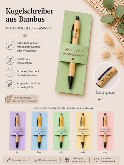 Kugelschreiber personalisiert Kleines Dankeschön 5 pastellfarben Geschenk Bambus individueller Gravur
