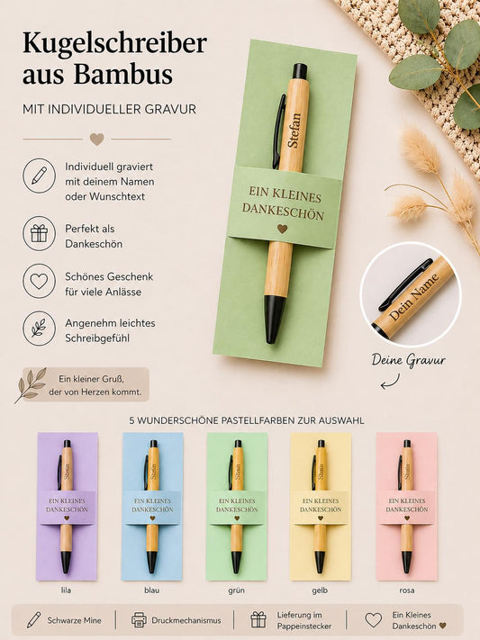 Kugelschreiber personalisiert Kleines Dankeschön 5 pastellfarben Geschenk Bambus individueller Gravur