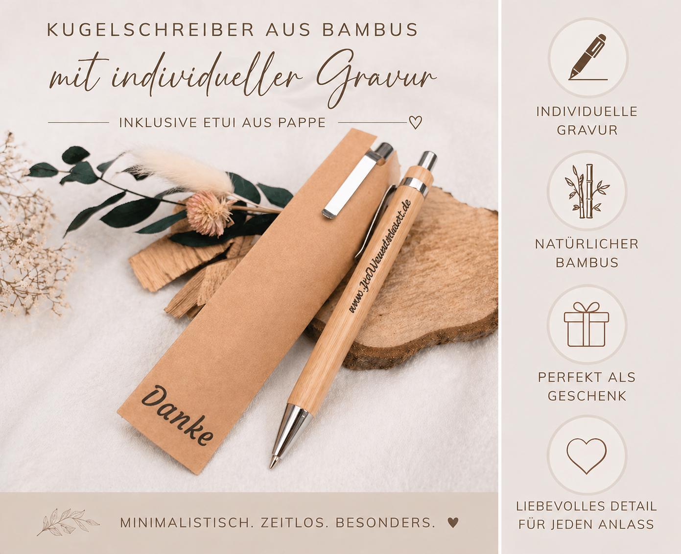 Kugelschreiber personalisiert mit Etui aus Pappe Bambus Gravur schwarz Kuli Stift Holz Gastgeschenk Geschenk Gift
