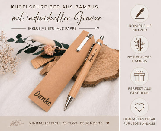 Kugelschreiber personalisiert mit Etui aus Pappe Bambus Gravur schwarz Kuli Stift Holz Gastgeschenk Geschenk Gift