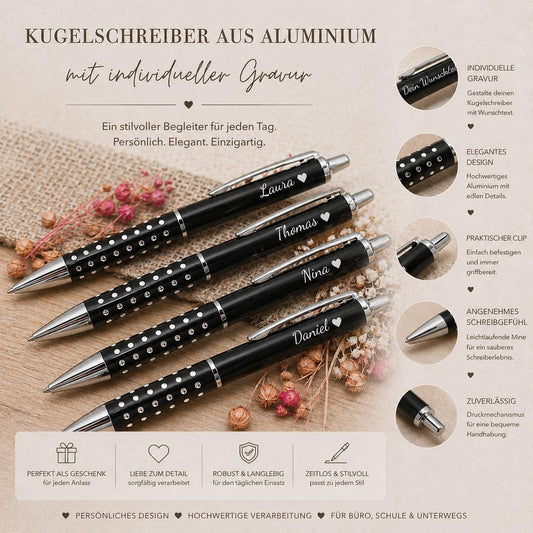Kugelschreiber personalisiert schwarz aus Aluminium mit individueller Gravur Gastgeschenk Geschenk
