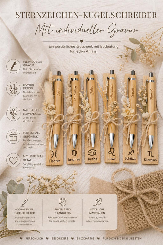 Kugelschreiber Sternzeichen personalisiert mit Trockenblumen und individueller Gravur schwarz Kuli Stift Holz Gastgeschenk Geschenk Gift