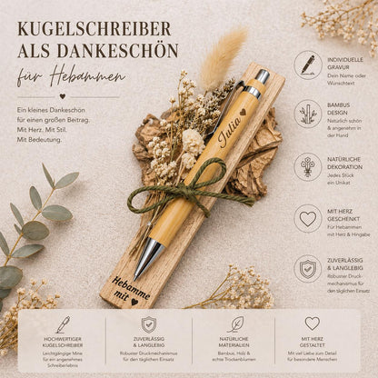 Hebamme Geschenk Kugelschreiber personalisiert aus Bambus mit Trockenblumen individueller Gravur