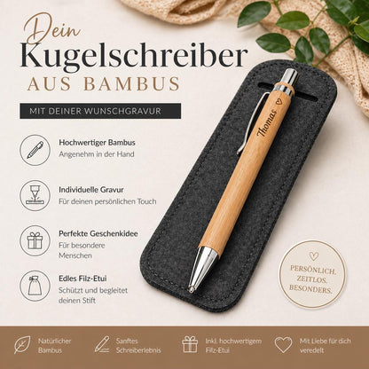 Kugelschreiber personalisiert aus Bambus mit Gravur und Filzetui schwarz Kuli Stift Holz Gastgeschenk Geschenk Gift