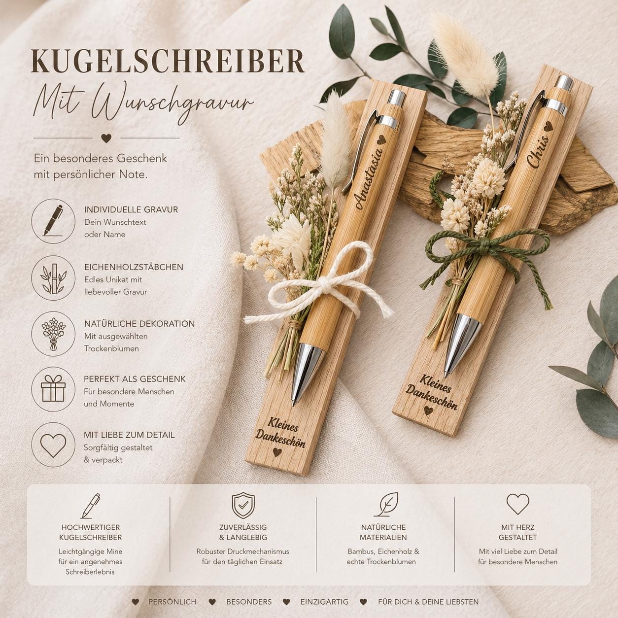 Kugelschreiber personalisiert Geschenk mit Trockenblumen Deko Bambus individueller Gravur schwarz Kuli Stift Holz Gastgeschenk Geschenk Gift