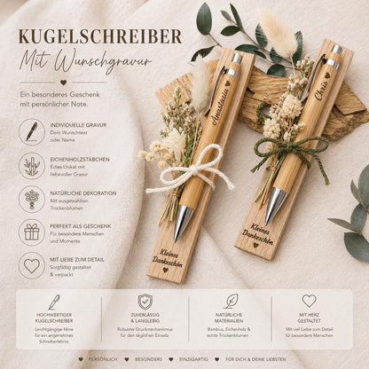 Kugelschreiber personalisiert Geschenk mit Trockenblumen Deko Bambus individueller Gravur schwarz Kuli Stift Holz Gastgeschenk Geschenk Gift