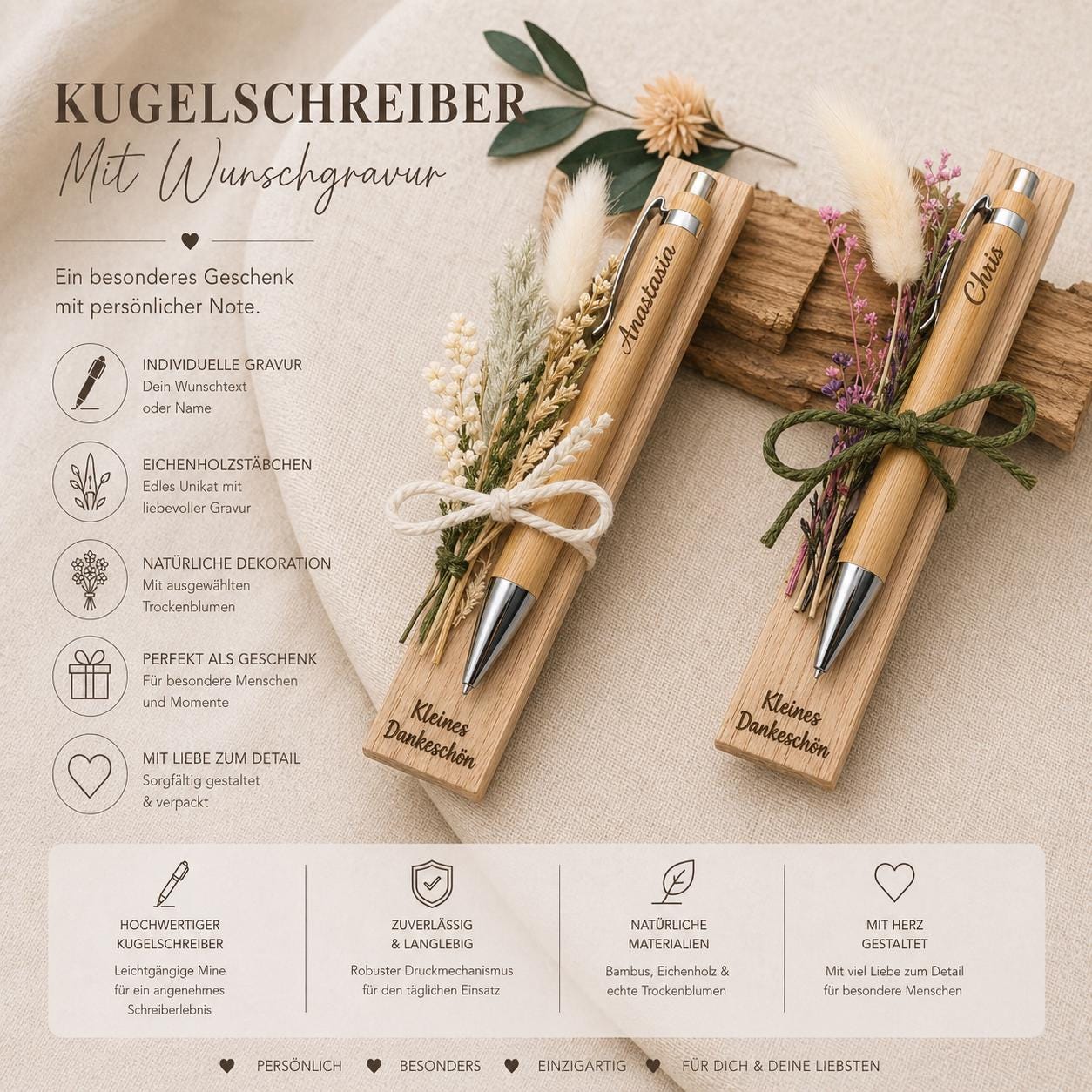 Kugelschreiber personalisiert Geschenk mit Trockenblumen Deko Bambus individueller Gravur schwarz Kuli Stift Holz Gastgeschenk Geschenk Gift
