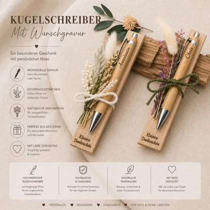 Kugelschreiber personalisiert Geschenk mit Trockenblumen Deko Bambus individueller Gravur schwarz Kuli Stift Holz Gastgeschenk Geschenk Gift